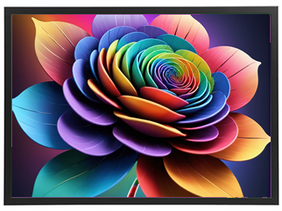 Et digitalt kunstværk af en spiralformet blomst med levende farver og detaljerede blade.