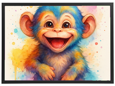 Et portræt af en glad, farverig abe med store øjne og et stort smil, omgivet af sprøjt af farver.