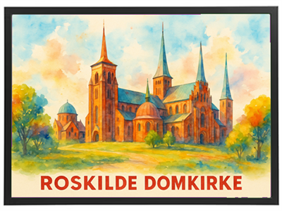 Farverig illustration af Roskilde Domkirke med karakteristiske tårne og omgivelser.