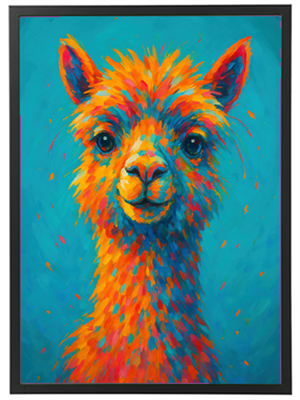 Et livligt og farverigt kunstværk af en lama med en glad udtryk.