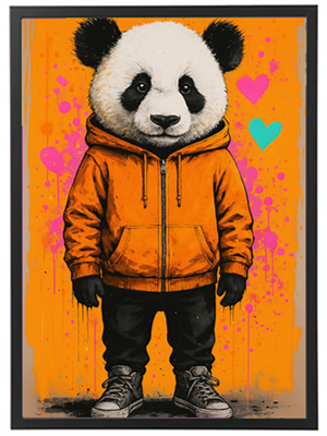 Et farverigt billede af en panda iført en orange hoodie, stående med et venligt udtryk.