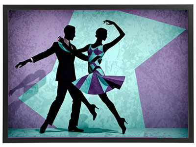 Et stiliseret billede af et dansende par i silhuet, med geometriske former og farver.