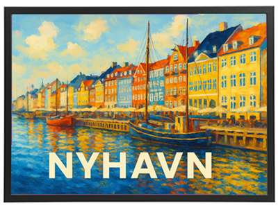 Et maleri af Nyhavn med farverige bygninger, både og en klar himmel.