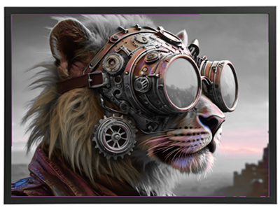 En kreativ illustration af en løve iført steampunk-inspirerede goggles og jakke.