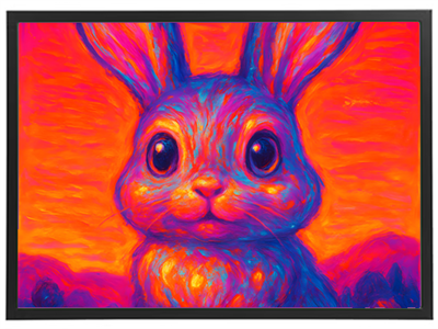 Et livligt og farverigt billede af en kanin med store øjne, sat mod en varm baggrund.