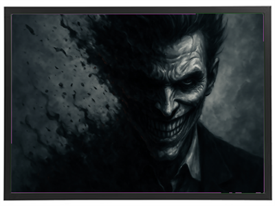 Et dystopisk portræt af en skikkelse med et skræmmende smil, der ser ud til at opløse sig i mørket.