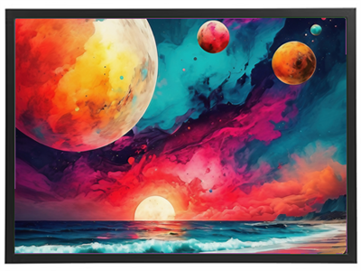 Et farverigt rumlandskab med planeter og en solnedgang over havet.