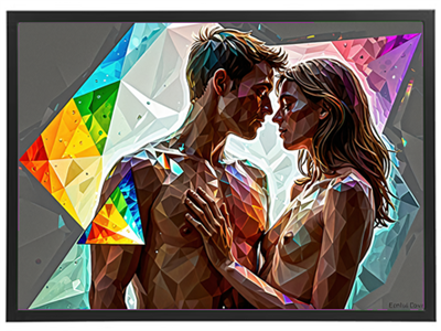 Et farverigt, polygonalt portræt af et par, der deler et intimt øjeblik.