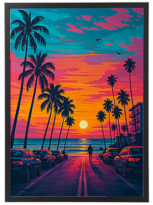 En farverig solnedgang ved stranden, omgivet af palmer og biler langs vejen.