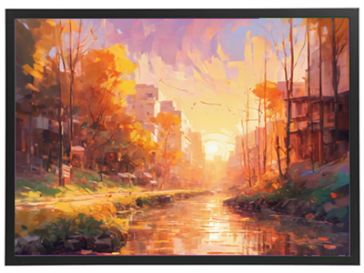 Et farverigt maleri af en solnedgang ved en flod, omkranset af efterårsfarver og bygninger.