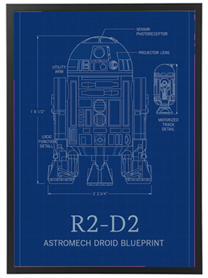 En teknisk tegning af R2-D2, astromech droiden fra Star Wars-universet.