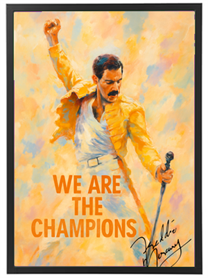 Et farverigt kunstværk af Freddie Mercury, der synger med energi og passion.