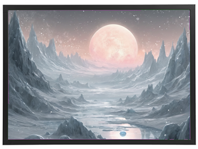 Et storslået vinterlandskab med sneklædte bjerge og en stor, lysende måne.
