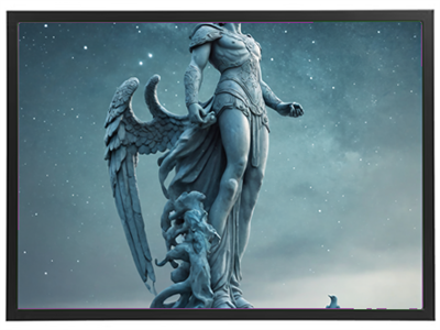 En imponerende statue med vinger, der står majestætisk under en stjerneklar himmel.