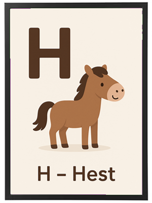 Billedet viser bogstavet H med en sød tegning af en hest, der repræsenterer ordet hest.