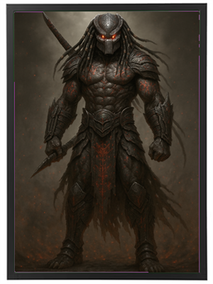 En muskuløs kriger med dreadlocks og glødende øjne, iført en mørk rustning.