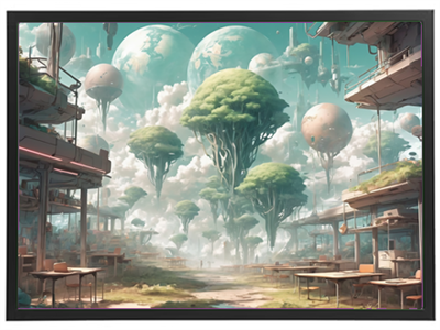 Et surrealistisk landskab med svævende træer, planeter og futuristiske bygninger.