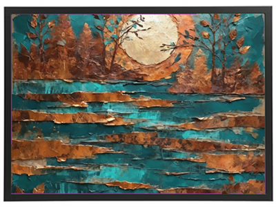 Et abstrakt kunstværk med en måne over et farverigt vandlandskab og træer i efterårsfarver.