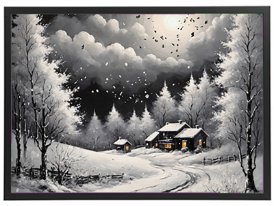 Et storslået sort-hvidt vinterlandskab med en hytte, sneklædte træer og en lysende måne.