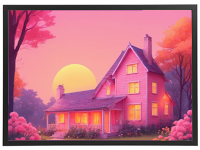 Et smukt, pink hus omgivet af blomster med en stor solnedgang i baggrunden.