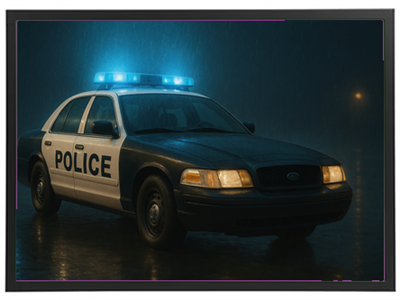 En politibil med blinkende lys står på en våd vej i regnvejr.