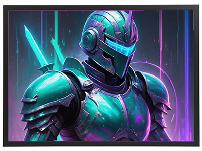 Et farverigt billede af en futuristisk kriger iført glitrende rustning med lysende detaljer.