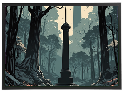 Et stiliseret billede af et monument omgivet af høje træer i en tåget skov.