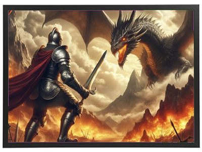 En ridder står mod en truende drage i en dramatisk, ildfyldt landskab.