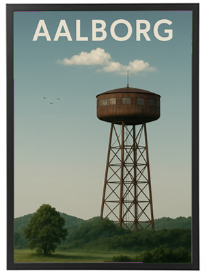 Billedet viser et vandtårn i Aalborg med en klar himmel og grønne omgivelser.