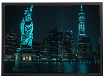 Et natbillede af Frihedsgudinden med New Yorks skyline i baggrunden.