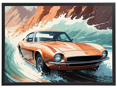 En farverig illustration af en klassisk sportsvogn, der kører gennem kraftige bølger.