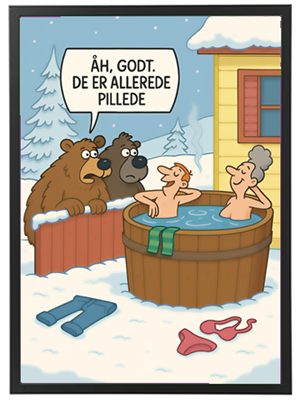 To personer nyder et boblebad, mens to bjørne observerer dem i snevejr.