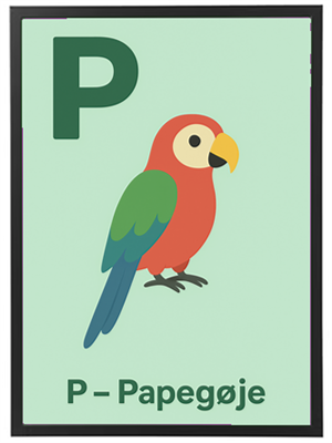 Illustration af en farverig papegøje med teksten P - Papegøje ved siden af.