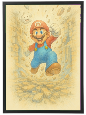 En farverig illustration af Mario, der springer gennem en mur af murbrokker.