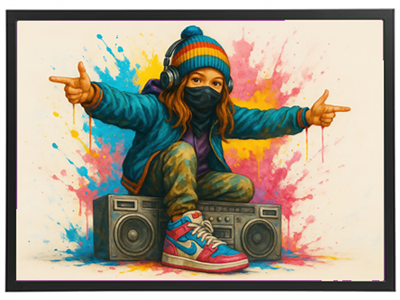 Et ungt barn sidder på en boombox, iført farverigt tøj og hovedtelefoner, omgivet af sprøjt af farver.