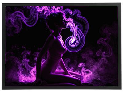 Billedet viser en silhuet af en kvinde i en meditative stilling omgivet af lilla røg.