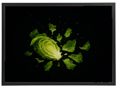 Et billede af en eksplosiv salat med friske grønne blade på en sort baggrund.