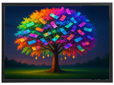 Et fantasifuldt træ med farverige penge sedler hængende fra grenene, der symboliserer rigdom.