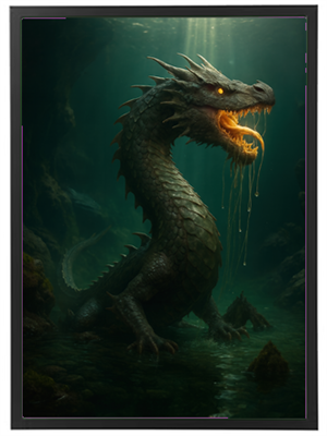 En majestætisk drage svømmer i dybt vand, belyst af stråler af lys, med en skræmmende, men fascinerende udstråling.