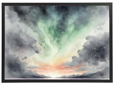 Et smukt akvarelmaleri, der skildrer en farverig himmel med nordlys og skyer.