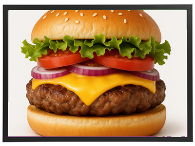 En lækker cheeseburger med en saftig bøf, smeltet cheddar, salat, tomater og løg.