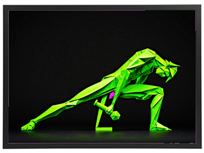 En stiliseret origami-figur i grøn, der udfører en vægtløftningsøvelse.