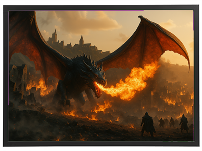 En majestætisk drage, der sprøjter ild, svæver over en brændende by i skumringen.