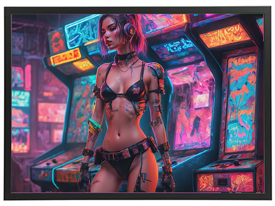 En stiliseret kvinde i cyberpunk-stil står foran farverige arkadespil i en futuristisk atmosfære.