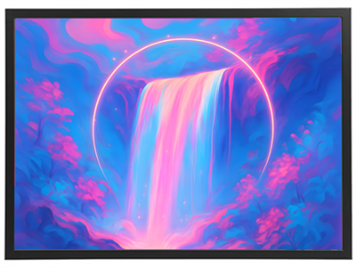 En farverig og drømmende illustration af et vandfald omgivet af lyse nuancer og en glødende cirkel.