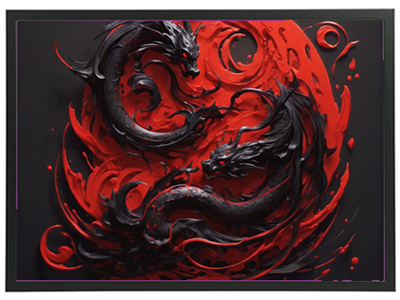 Et dynamisk billede af to drager i sort og rød, der svømmer i en virvel af farver.