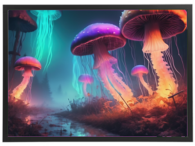 Et surrealistisk landskab med farverige, lysende svampe og en mystisk atmosfære.