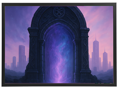 Et imponerende billede af en portal, der stråler med kosmisk energi, omgivet af futuristiske bygninger.