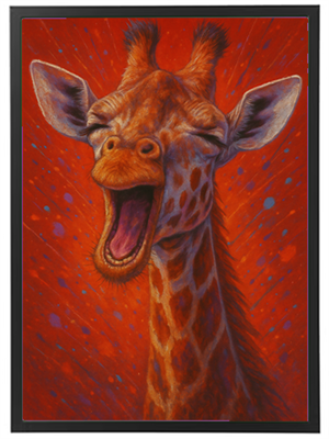 En illustration af en giraf, der gisper med en livlig rød baggrund.