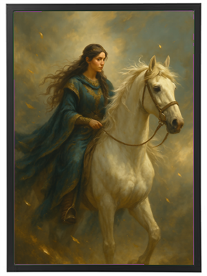 En mystisk kvinde i en blå kappe rider på en hvid hest, omgivet af gyldne blade.